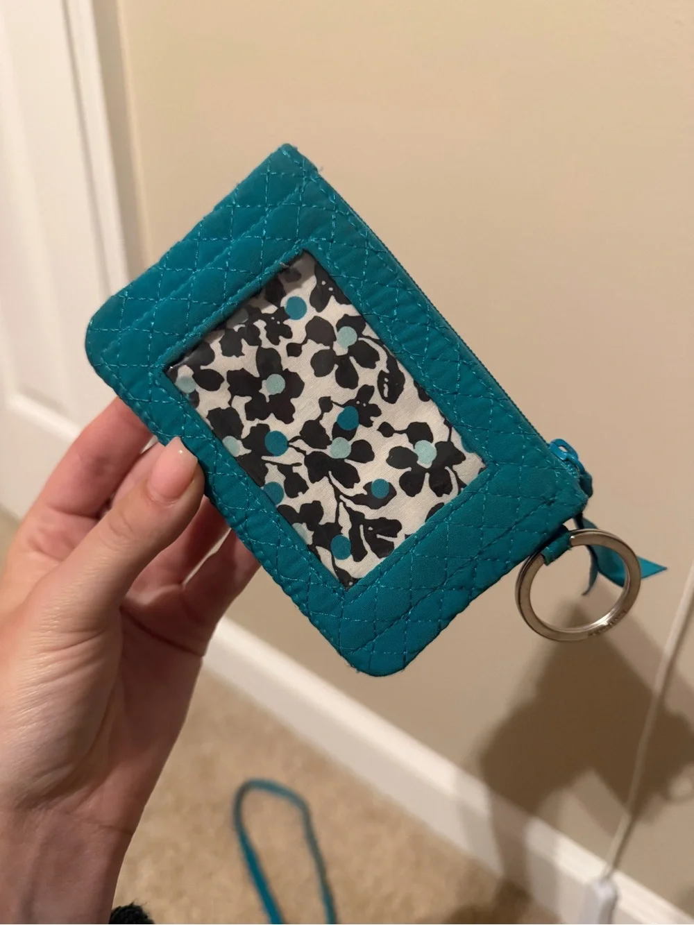 Vera Bradley Teal Quilted Lanyard ID Holder with Key Ring